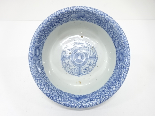 古伊万里　染付　線描き　唐草　深鉢（保護箱付）